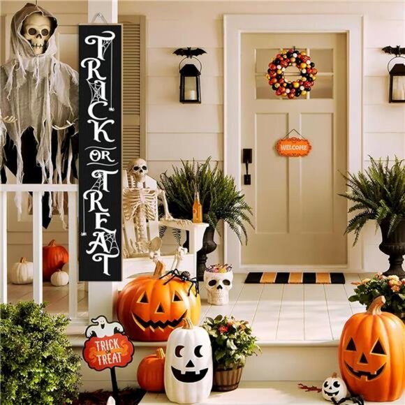 Halloween Porch Sign Decor "Trick or Treat" Wooden Hanging Sign Door Porch - Picture 2 of 8
